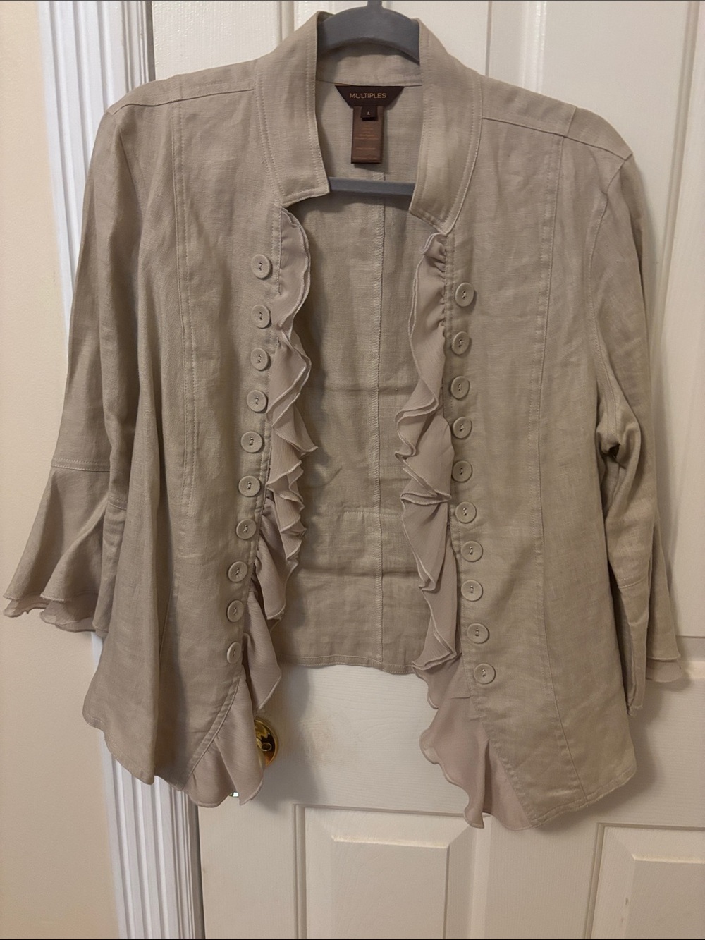 Multiples Taupe Ruffle-Trim Button Front Jacket